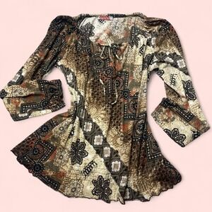 Y2K Carol Rose Retro Brown and cream boho printed blouse